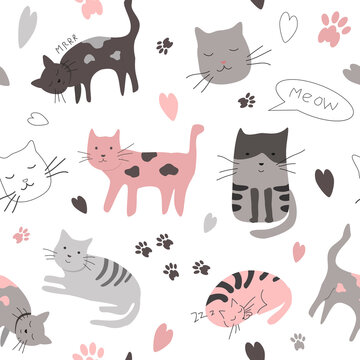 cute vector seamless pattern with hand drawn difference cats, paws, naive childish ornament. pattern for printing on fabric, clothing, wrapping paper, wallpaper for a kid's room, baby things