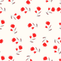 Seamless floral pattern based on traditional folk art ornaments. Colorful flowers on light background. Scandinavian style. Sweden nordic style. Vector illustration. Simple minimalistic pattern