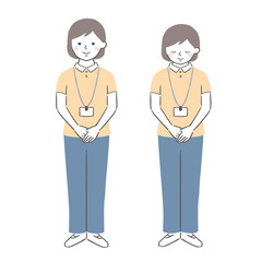 お辞儀をする介護士／保育士／先生　女性