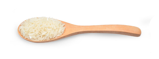 Jasmine  rice in wooden spoon isolated on white background , organic brown rice in wooden spoon, Healthy food concept