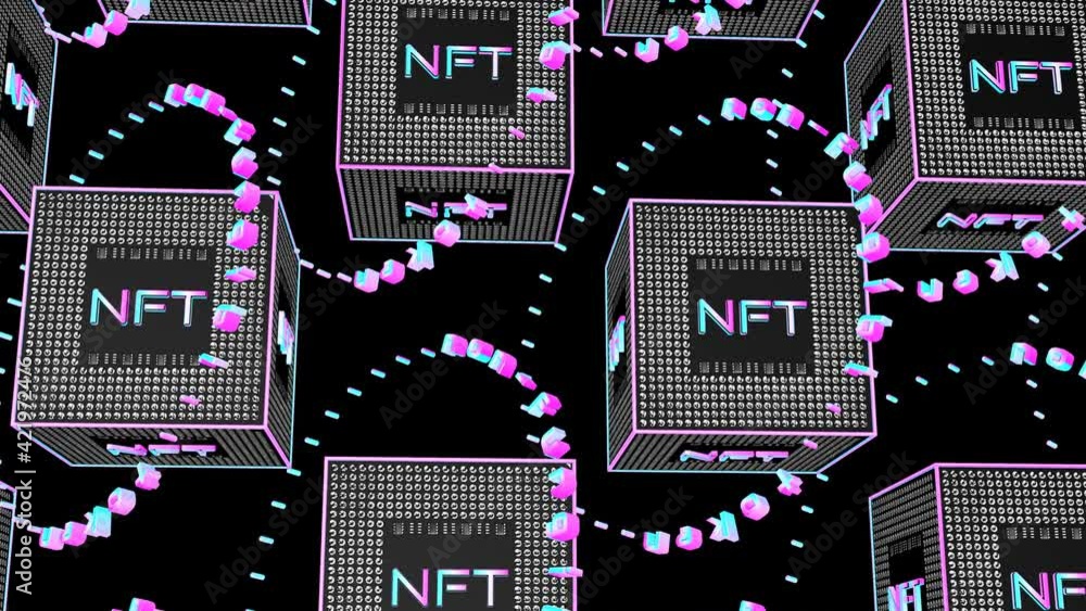 Poster rotating three-dimensional cube with the inscription nft. concept crypto art. 3d render