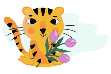 Cartoon striped tiger cub with a bouquet of tulips. Cute mascot. Big eyes, long tail. Symbol of 2022. Isolated vector illustrations for family celebrations. Registration of postcards, congratulations.