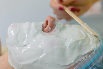 Cosmetic mask applied to the face in the spa salon. Close-up. Soft Focus