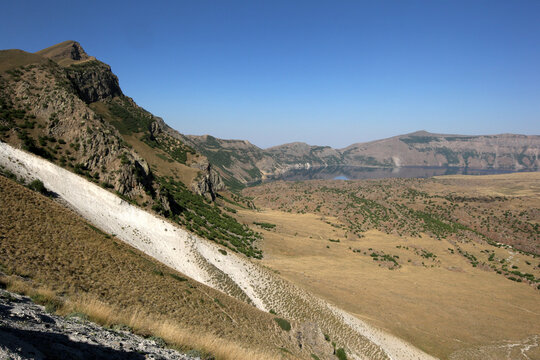 A view looking into the volcanic crater and lake of Mount Nemrut near Tatvan in eastern Turkey.