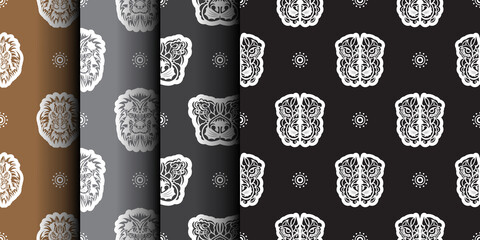 Set of Seamless pattern with a lion's head in a simple style. Good for backgrounds and prints. Vector illustration.