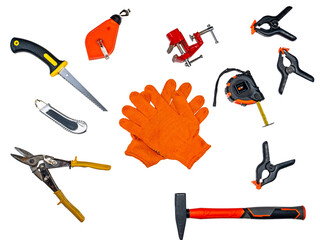 Orange gloves of a worker and a construction tool on a white background. Worker mittens....