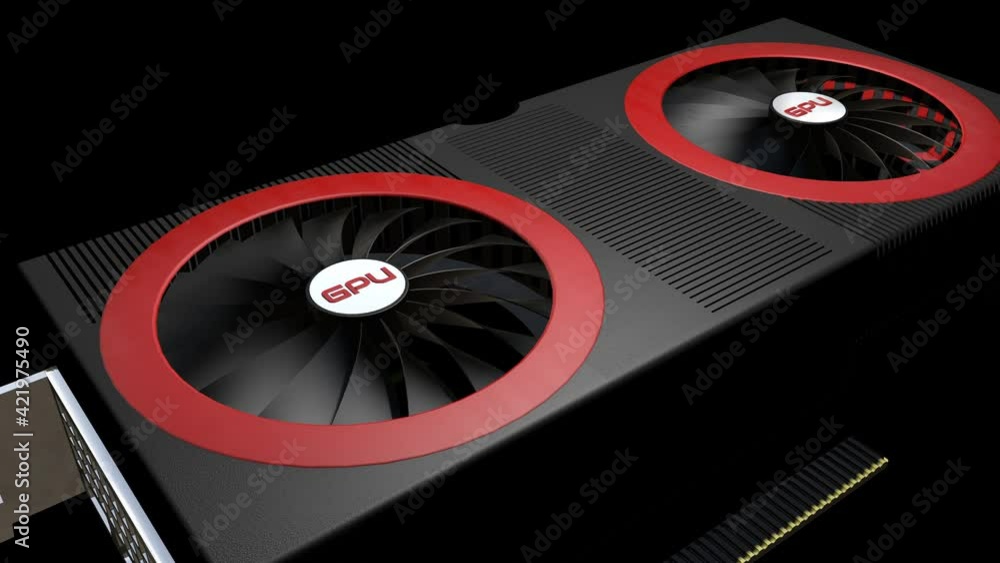 Poster 3d model of a modern video card with rotating coolers close-up. 3d render
