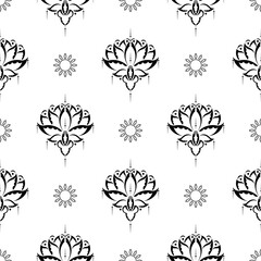 Lotus seamless pattern. Black and white. Good for backgrounds, prints, apparel and textiles. Vector illustration.