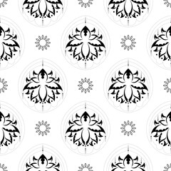 Lotus seamless pattern. Black and white. Good for menus, postcards, books, murals and fabrics. Vector