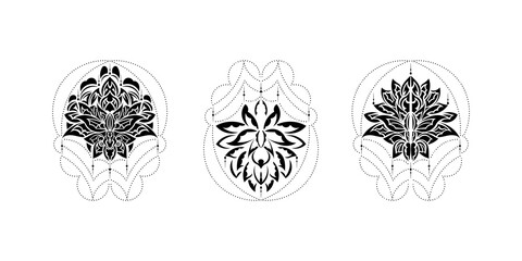 Set of lotus flower, yoga or zen decorative element in boho style, Indian modern ornaments. Vector illustration.