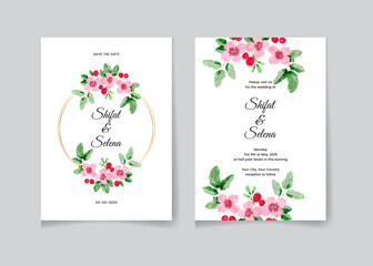 Set of wedding watercolor invitation with blue splash and beautiful leaves
