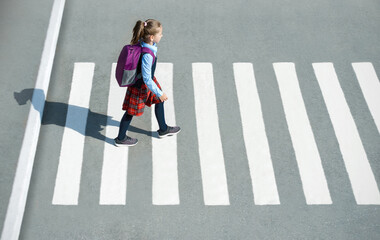 Schoolgirl crossing road on way to school. Zebra traffic walk way in the city. Concept pedestrians...