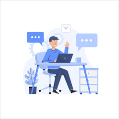 man with laptop, man working, working from home, connection error, working flat illustration, working with tables and chairs, one character