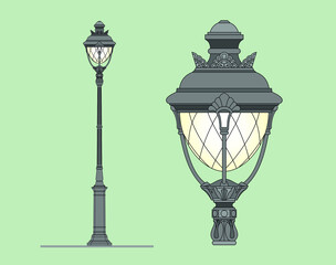 Classic street lamp. Outdoor lighting of the city. Urban design. Design of parks and squares. Garden lamps. Modern architecture. Wrought iron. Luxury landscape design. Lamp post project. Sketch.