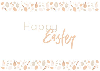 Happy Easter horizontal banner, card with text, lettering and pattern border with flat eggs and branches. Vector illustration with frame isolated on white background. Ornament with leaves