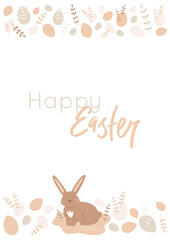 Happy Easter vertical banner, card with text and pattern border with flat eggs and branches. Cute rabbit sitting on the abstract ground. Vector illustration isolated on white background.
