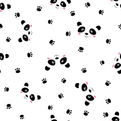 Seamless pattern with cute panda baby on white background. Funny asian animals. Card, postcards for kids. Flat vector illustration for fabric, textile, wallpaper, poster, gift wrapping paper