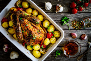 Whole roast chicken with vegetables on wooden table

