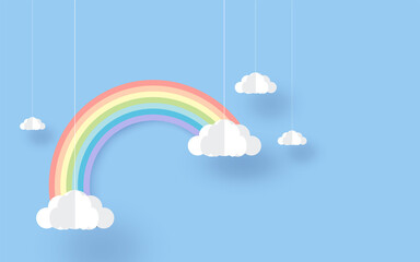 Regenboog en wolken in de lucht, papierkunststijl, behangontwerp.