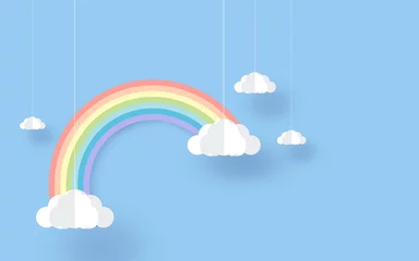 Türaufkleber Babyzimmer Regenbogen und Wolken am Himmel, Papierkunststil, Tapetendesign.