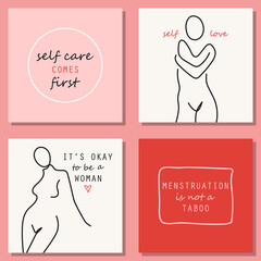 Set of hand drawn elements of women menstruation period theme, feminine hygiene products as pads, menstrual cups, etc.