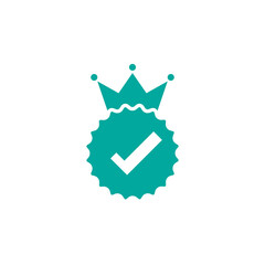 Valid Seal icon. Gold circle with royal crown and tick. Flat OK sticker icon. Isolated on white.