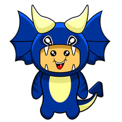 cartoon illustration of cute blue dragon costume mascot character