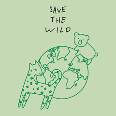 Motivational Eco poster for Earth Day with lettering Save The Wild, hand drawn illustration in modern, trendy colors.