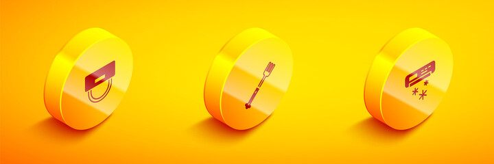 Set Isometric Bellboy hat, Fork and Air conditioner icon. Vector