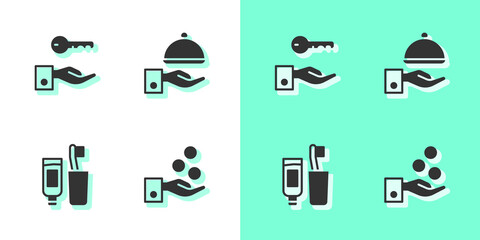 Set Paying tips, Hotel door lock key, Toothbrush and toothpaste and Covered with tray icon. Vector