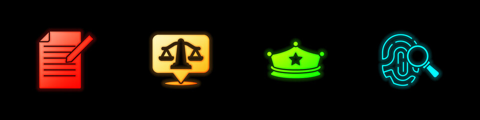 Set Document and pen, Scales of justice, Police cap with cockade and Fingerprint icon. Vector