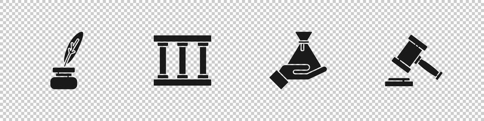 Set Feather and inkwell, Prison window, Bribe money bag and Judge gavel icon. Vector