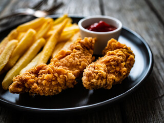 Fried breaded chicken nuggets with French fries and ketchup on wooden table

