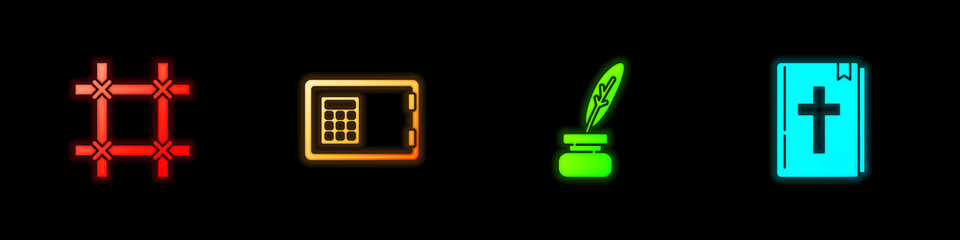 Set Prison window, Safe, Feather and inkwell and Holy bible book icon. Vector