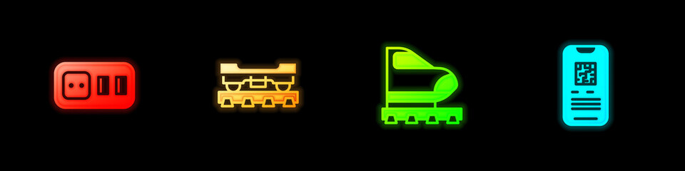 Set Electrical outlet, Cargo train wagon, High-speed and E-ticket icon. Vector