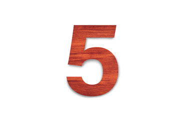 Beautiful Sign number five material wood isolated on white background with clipping path for design