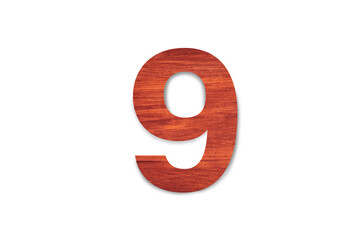 Beautiful Sign number nine material wood isolated on white background with clipping path for design