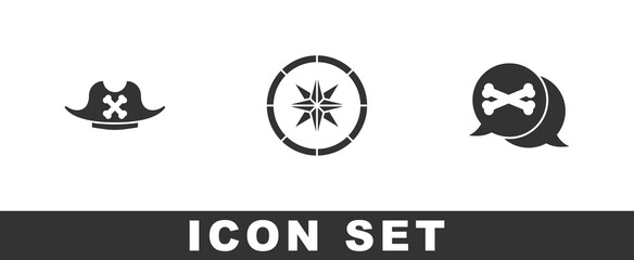 Set Pirate hat, Compass and Location pirate icon. Vector