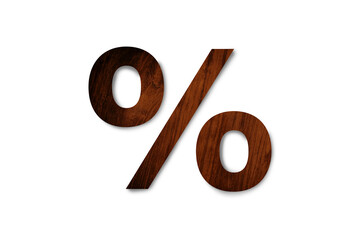 wooden texture percent sign isolated on white background. Clipping path for design