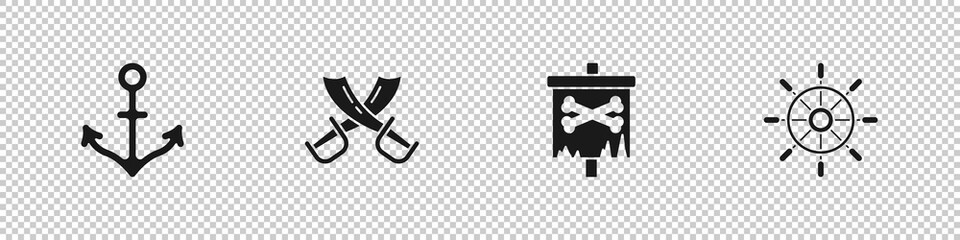 Set Anchor, Crossed pirate swords, Pirate flag and Ship steering wheel icon. Vector