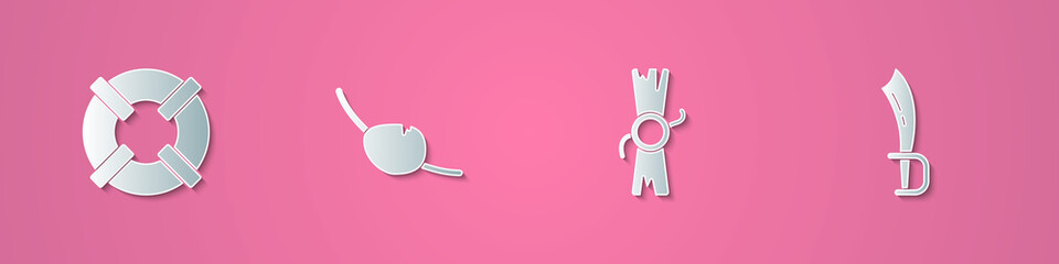 Set paper cut Lifebuoy, Pirate eye patch, Decree, parchment, scroll and sword icon. Paper art style. Vector