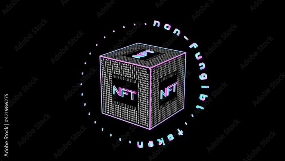 Poster rotating three-dimensional cube with the inscription nft. concept crypto art. 3d render