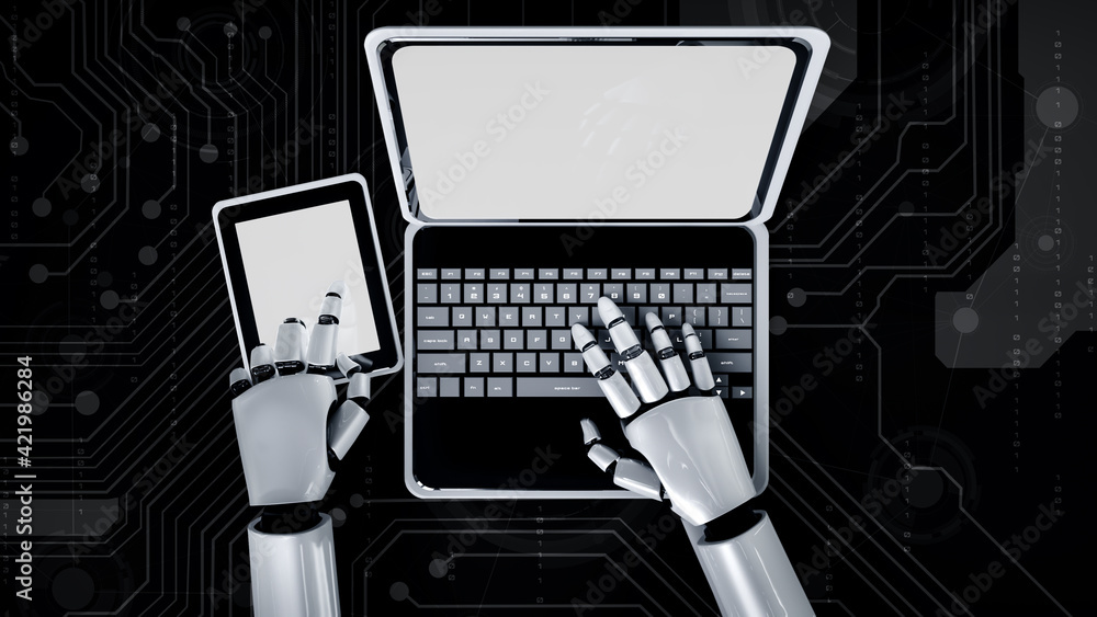 Poster robot humanoid use laptop and sit at table in future office while using ai thinking brain , artifici