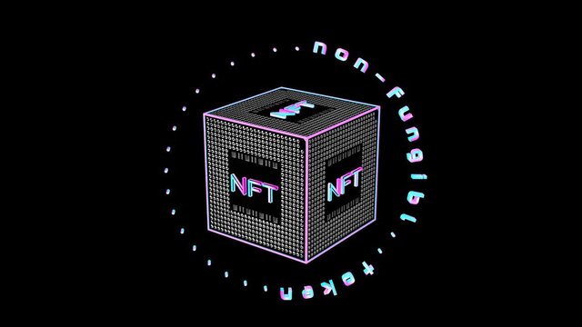 rotating three-dimensional cube with the inscription nft. concept crypto art. 3d render