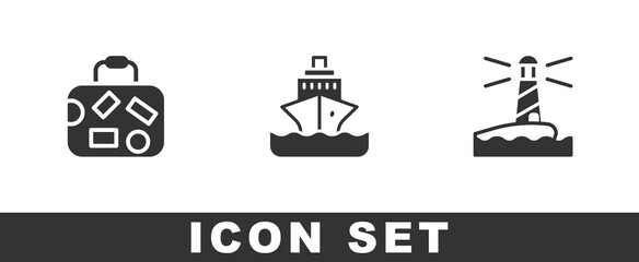 Set Suitcase, Cruise ship and Lighthouse icon. Vector
