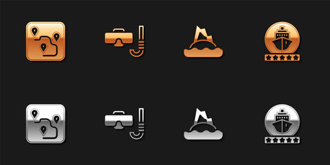 Set Route location, Diving mask and snorkel, Tropical island ocean and Cruise ship icon. Vector
