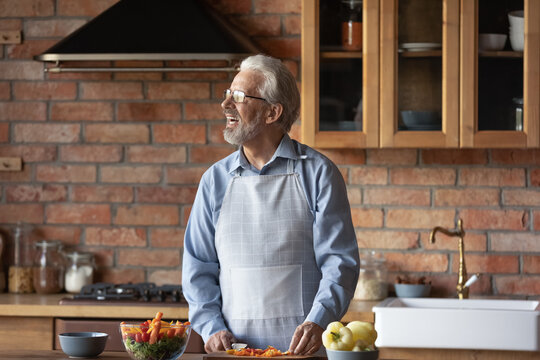 Smiling older Caucasian 60s man in apron have fun cooking healthy vegetable salad for dinner at home. Happy senior grandfather prepare delicious tasty meal food in kitchen. Hobby concept.