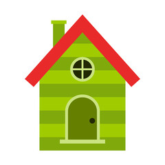 A green house, a birdhouse with a round window and a door. Cute illustration in Flat cartoon style.Isolated on a white background