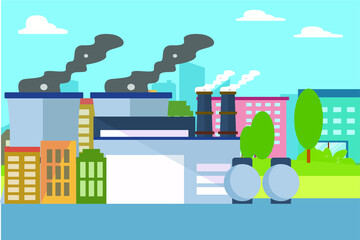 Obraz premium Diesel power plant with smoke and modern city background. Diesel Energy vector concept