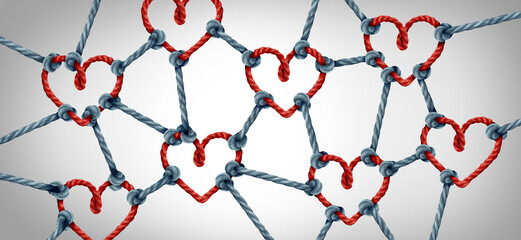 Love network together and unity or loving partnership and concept of team and teamwork idea as a metaphor for joining diverse ropes connected together as a heart for cooperation
